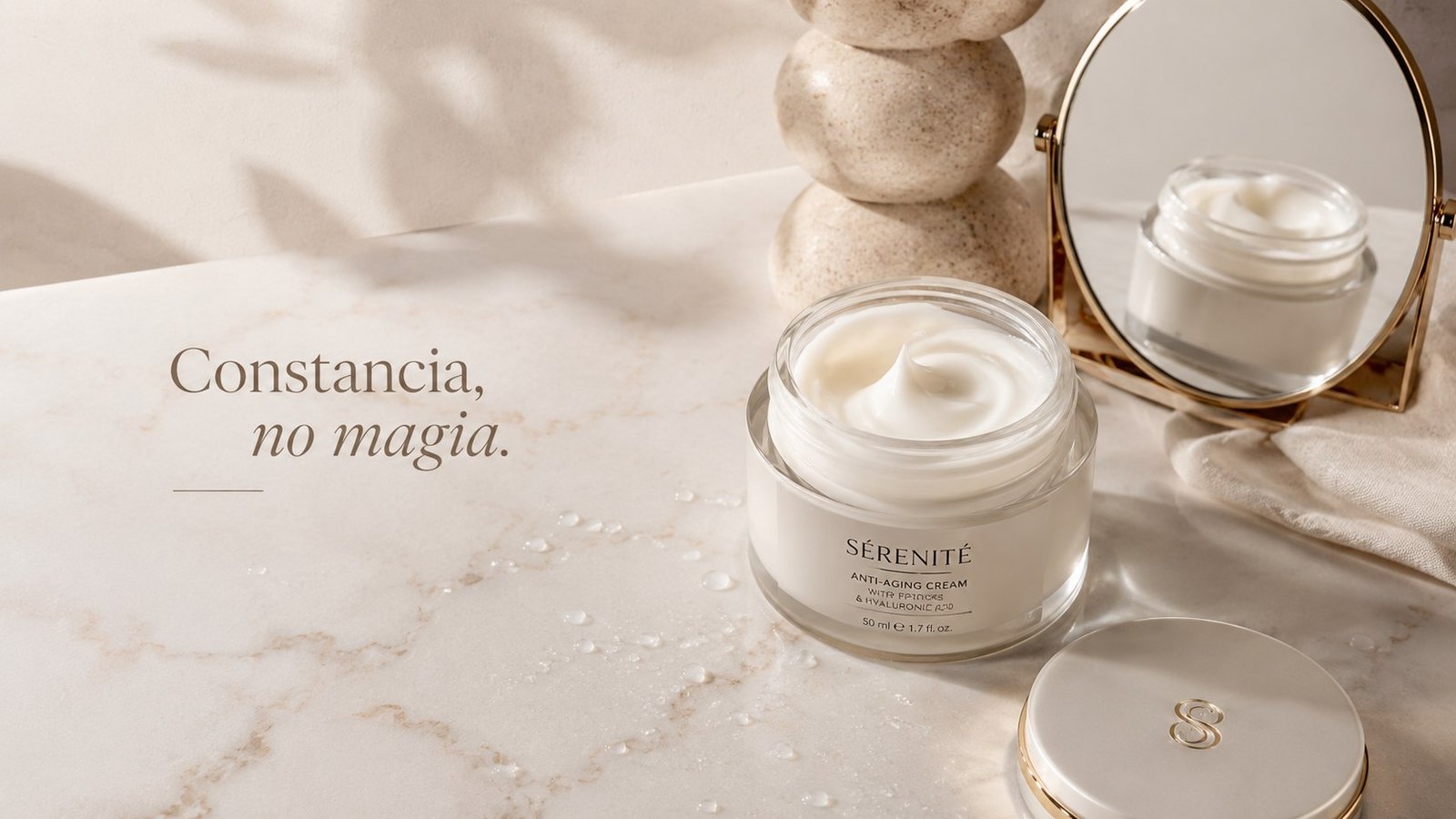 Crema antiarrugas abierta con espejo y mensaje Constancia no magia