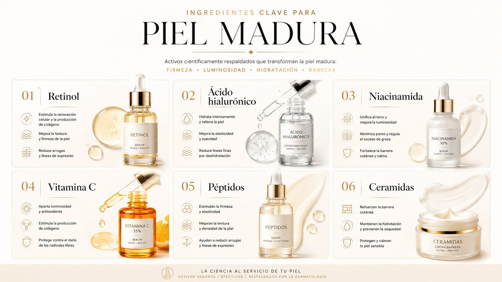 Infografia de ingredientes clave para piel madura con retinol acido hialuronico niacinamida vitamina C peptidos y ceramidas
