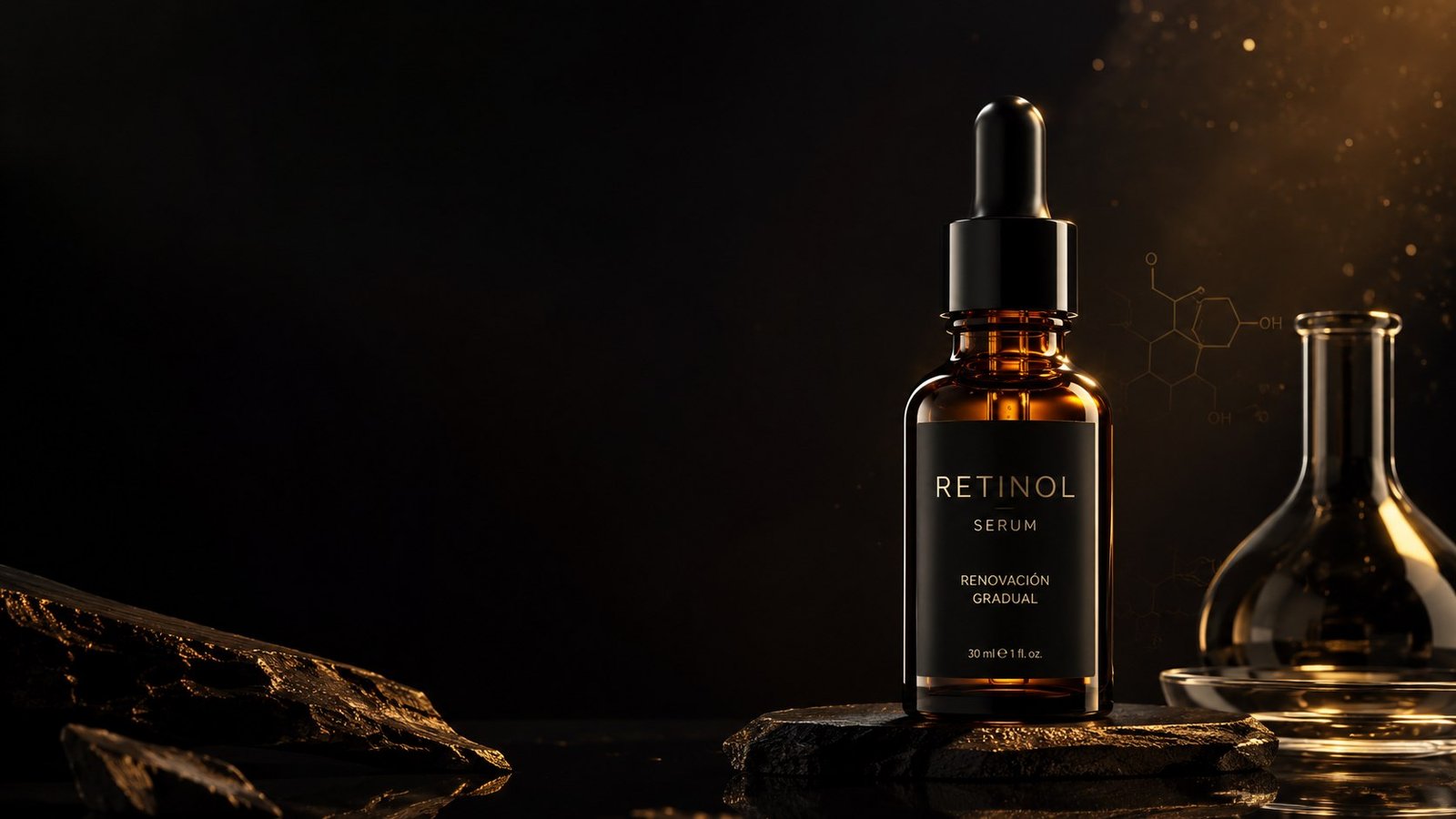 Serum de retinol con luz dorada para renovacion gradual en rutina de piel madura