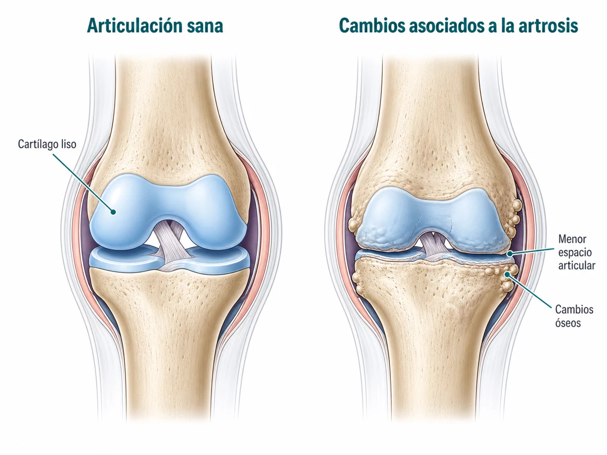 Comparación ilustrativa entre una articulación sana y una articulación con cambios asociados a la artrosis.