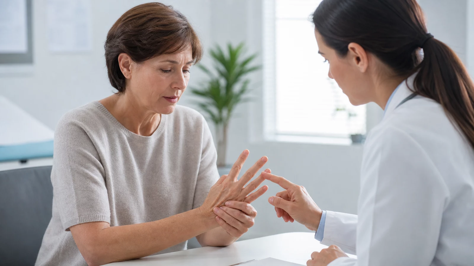 Persona adulta observando una mano con molestias articulares durante una consulta.