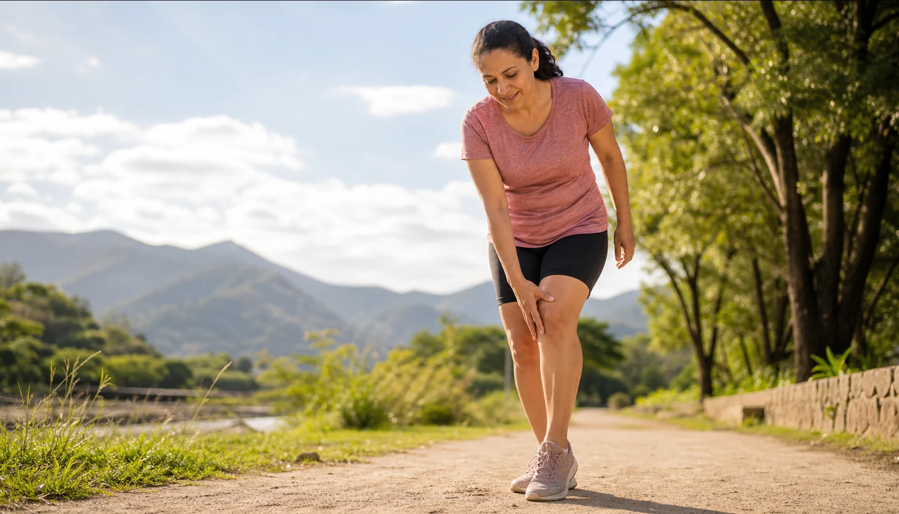 Persona adulta cuidando su rodilla mientras realiza una caminata suave.