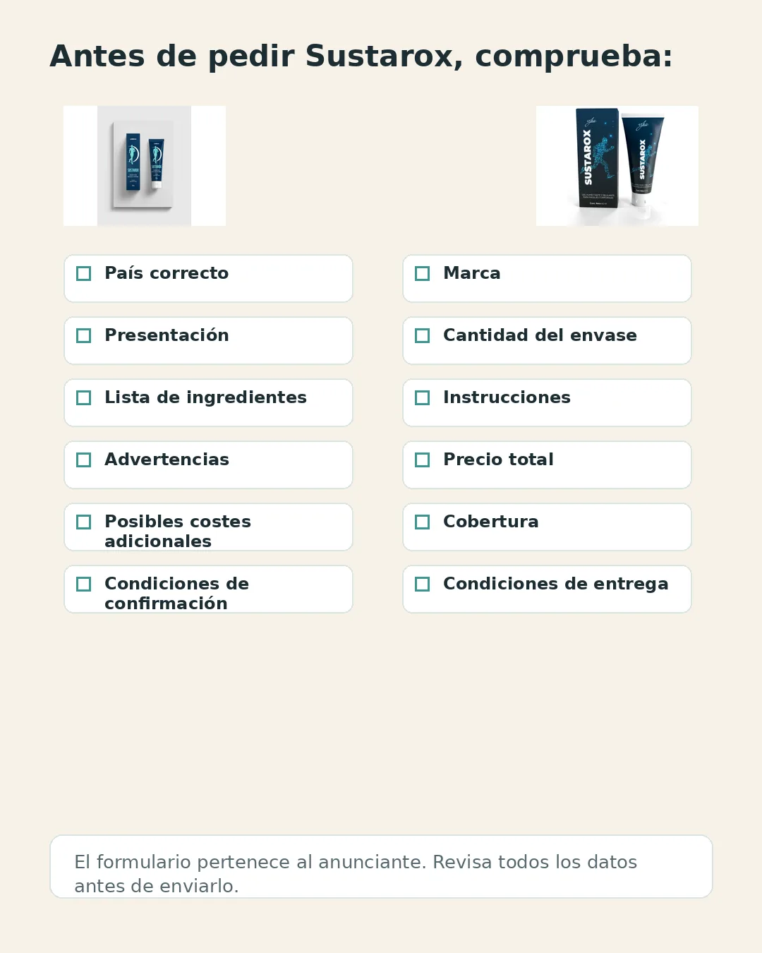 Lista de aspectos que conviene comprobar antes de solicitar Sustarox.