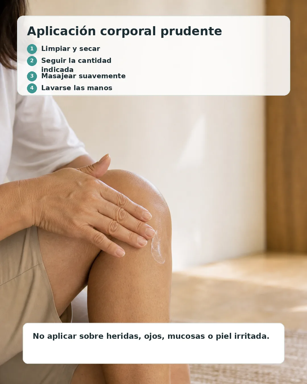 Persona aplicando suavemente un producto corporal sobre la zona externa de la rodilla.