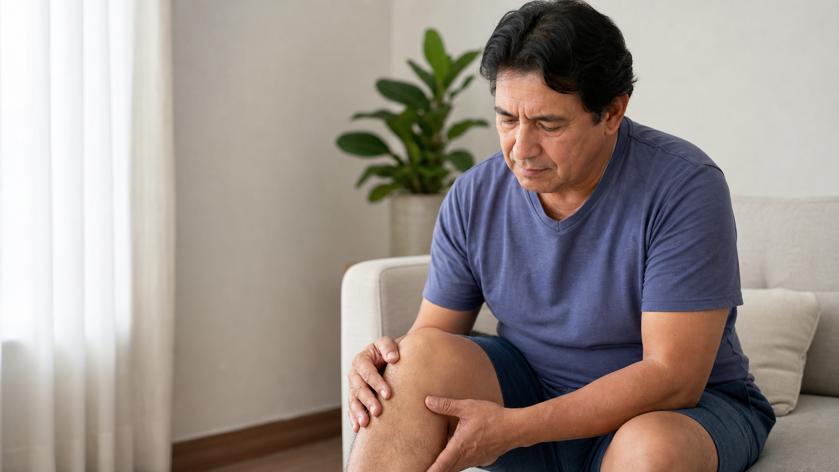 Persona observando una rodilla con posible inflamación articular.