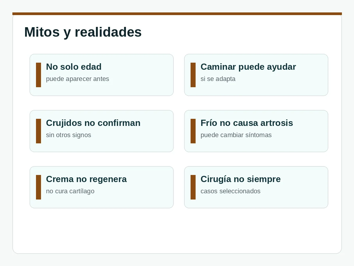 Mitos y realidades frecuentes sobre la artrosis, el ejercicio y las cremas corporales.