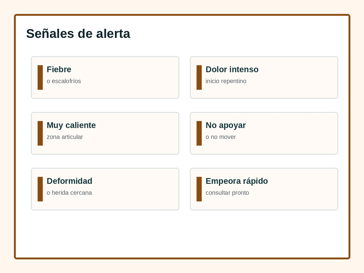 Señales de alerta relacionadas con artritis que requieren valoración profesional.