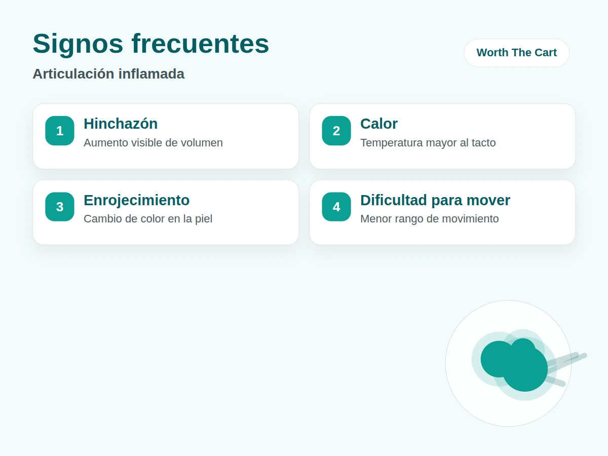 Signos frecuentes de una articulación inflamada: hinchazón, calor, enrojecimiento y dificultad de movimiento.