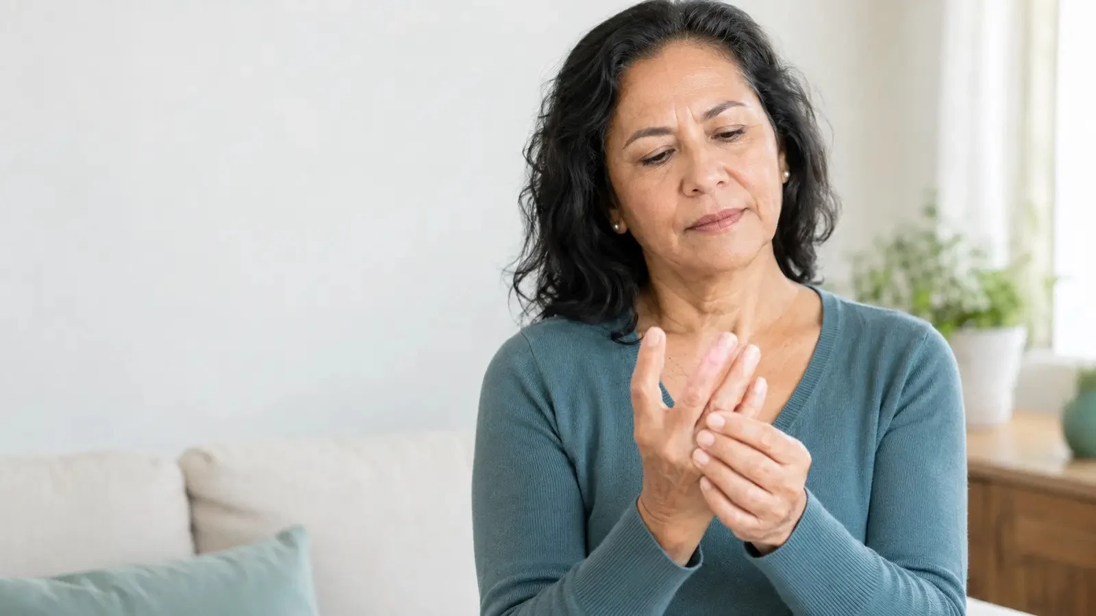 Mujer adulta observando los dedos de una mano con molestia leve.