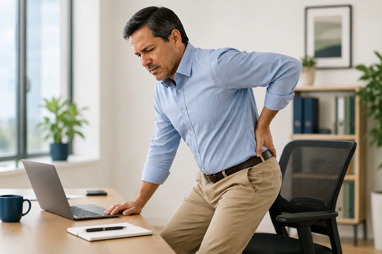 Hombre adulto levantándose de una silla mientras sostiene la zona lumbar.