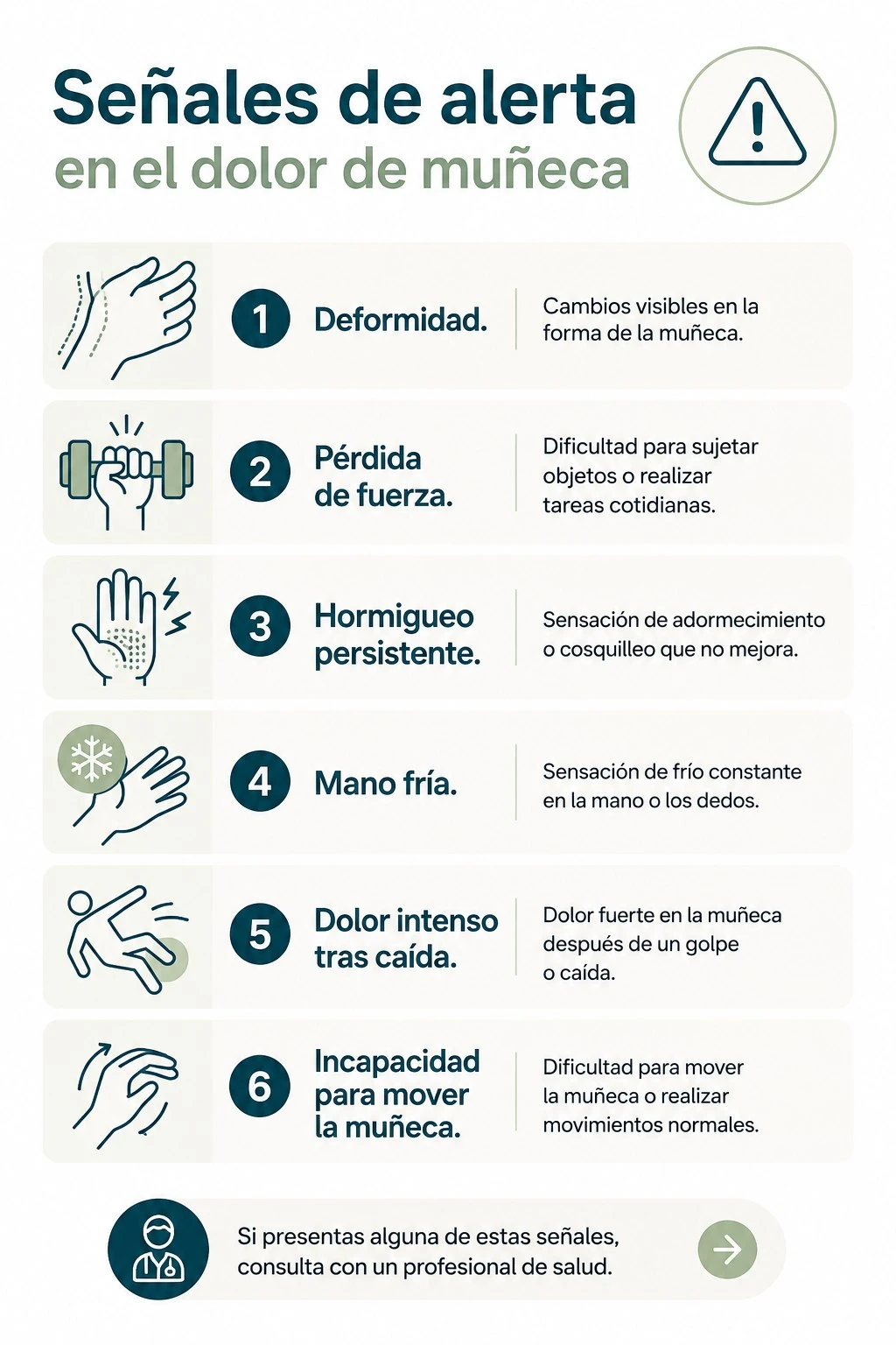 Señales de alerta en el dolor de muñeca que requieren valoración profesional.