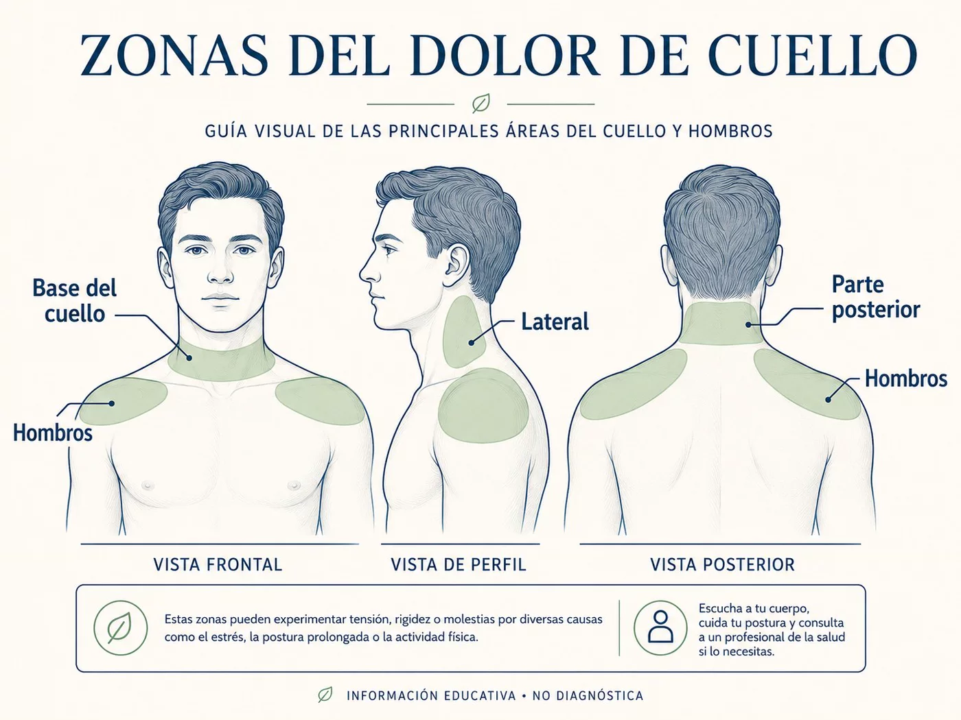 Zonas donde puede sentirse el dolor de cuello, como parte posterior, lateral, base del cuello y hombros.