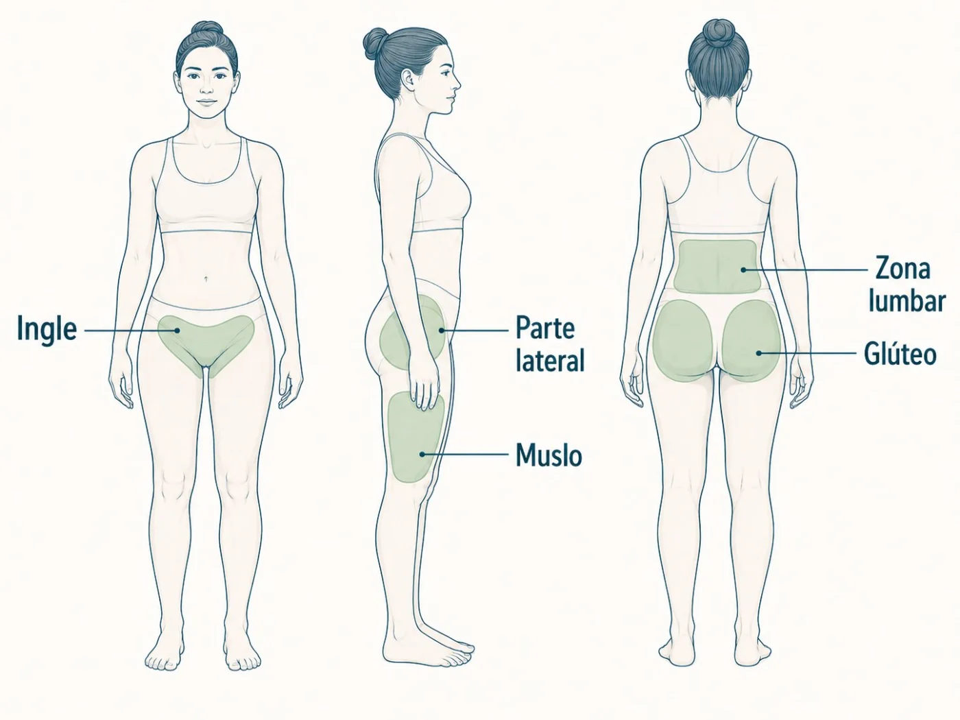 Zonas donde puede sentirse el dolor de cadera, como ingle, lateral, glúteo, muslo y zona lumbar.