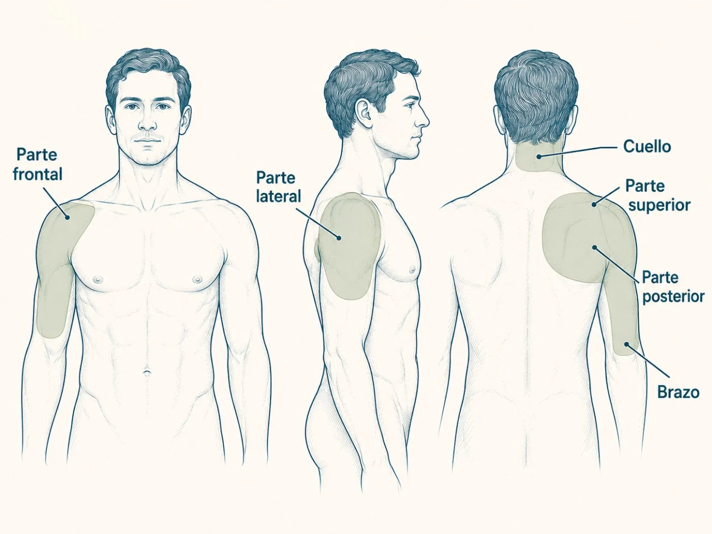 Zonas donde puede sentirse el dolor de hombro, como la parte frontal, lateral y posterior.