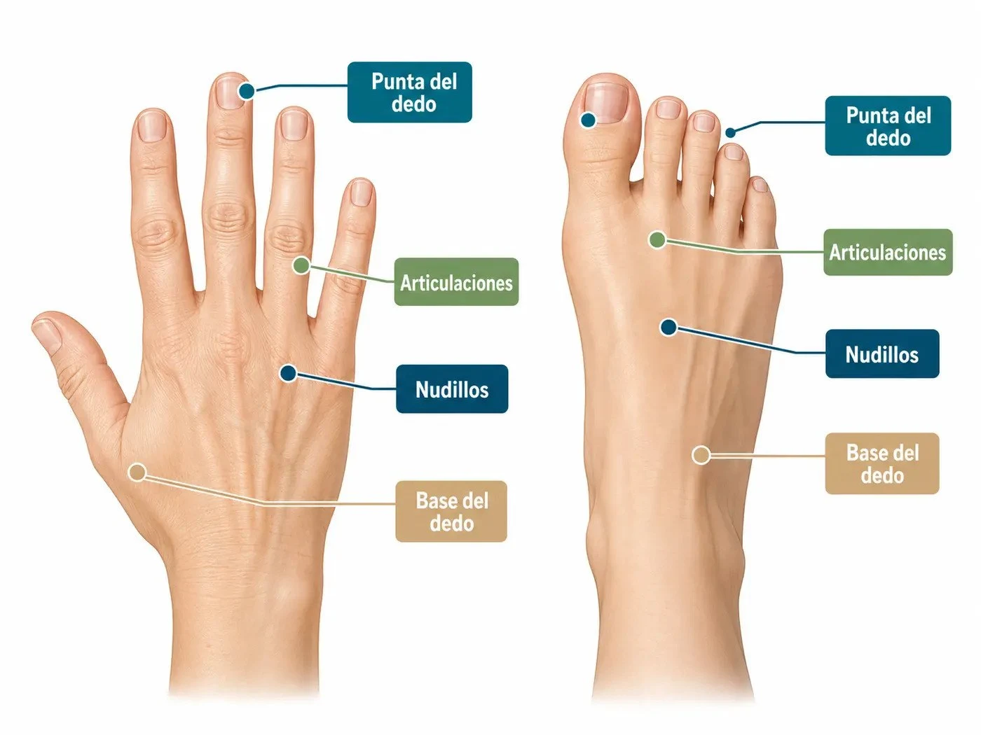 Zonas frecuentes del dolor en los dedos de la mano y del pie.