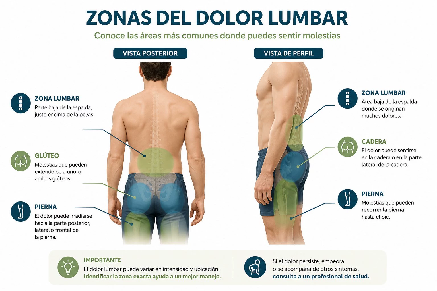Zonas del dolor lumbar: zona lumbar, glúteo, cadera y pierna.