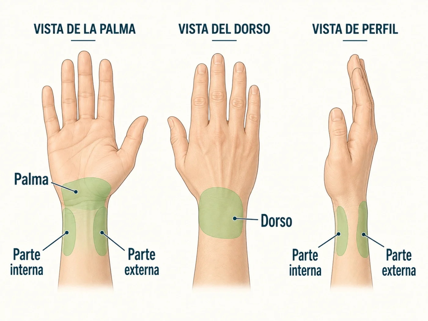 Zonas donde puede sentirse el dolor de muñeca, como palma, dorso, parte interna y parte externa.